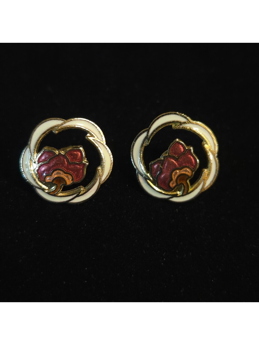 Vintage Round Ivory Cloisonné Enamel Flower Stud Earrings